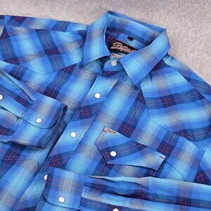 Rafter C Shirt Mens Large Blue Pearl Snap Plaid Western Rodeo Cowboy Easy Wear